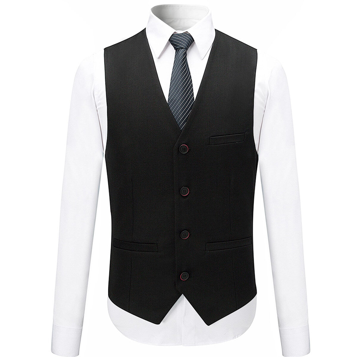 Black # Men's slim fit 3-piece solid color suit with notched lapel and one-button single-breasted closure, black formal blazer jacket with padded shoulders, back center vent and four-button cuffs, matching vest with adjustable belt and flat-front trousers with slanted side pockets for wedding, business, prom and formal occasions, isolated on white background.