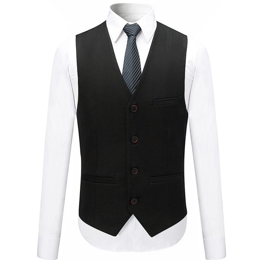 Black # Men's slim fit 3-piece solid color suit with notched lapel and one-button single-breasted closure, black formal blazer jacket with padded shoulders, back center vent and four-button cuffs, matching vest with adjustable belt and flat-front trousers with slanted side pockets for wedding, business, prom and formal occasions, isolated on white background.