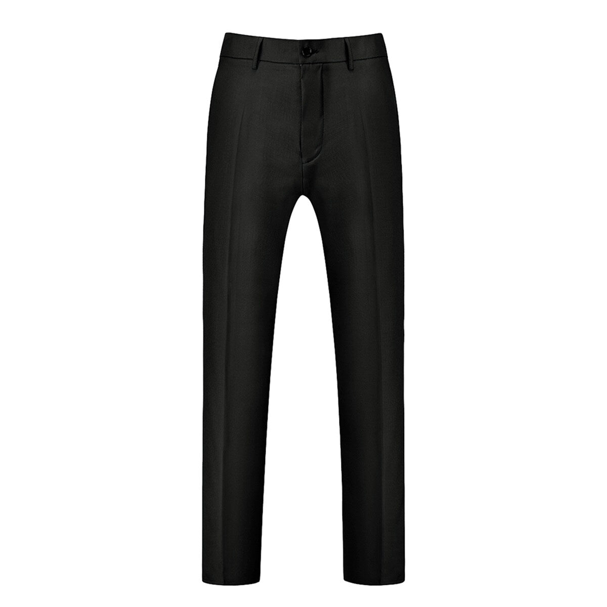 Black # Men's slim fit 3-piece solid color suit with notched lapel and one-button single-breasted closure, black formal blazer jacket with padded shoulders, back center vent and four-button cuffs, matching vest with adjustable belt and flat-front trousers with slanted side pockets for wedding, business, prom and formal occasions, isolated on white background.
