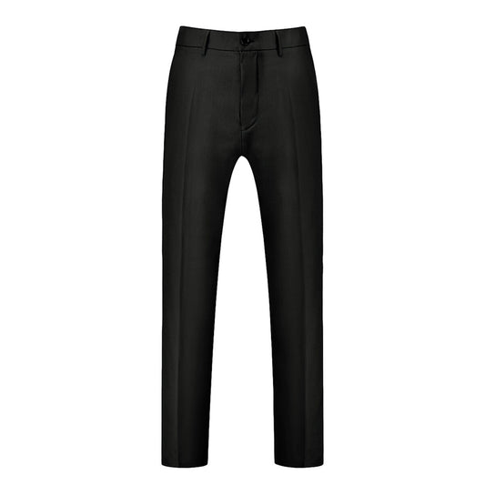 Black # Men's slim fit 3-piece solid color suit with notched lapel and one-button single-breasted closure, black formal blazer jacket with padded shoulders, back center vent and four-button cuffs, matching vest with adjustable belt and flat-front trousers with slanted side pockets for wedding, business, prom and formal occasions, isolated on white background.