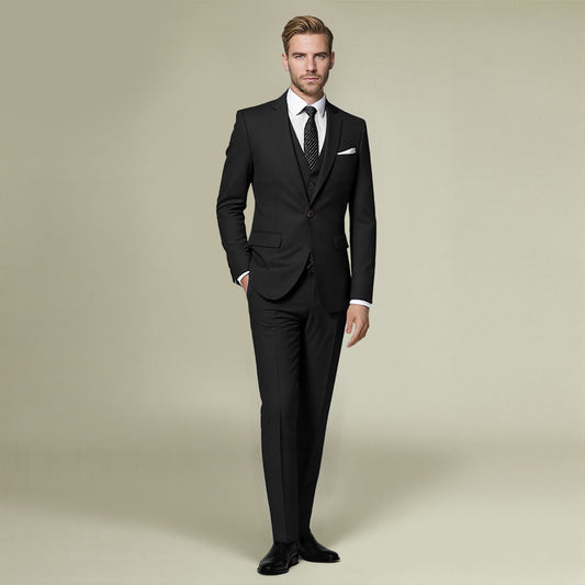 Black # Men's slim fit 3-piece solid color suit with notched lapel and one-button single-breasted closure, black formal blazer jacket with padded shoulders, back center vent and four-button cuffs, matching vest with adjustable belt and flat-front trousers with slanted side pockets for wedding, business, prom and formal occasions, isolated on white background.