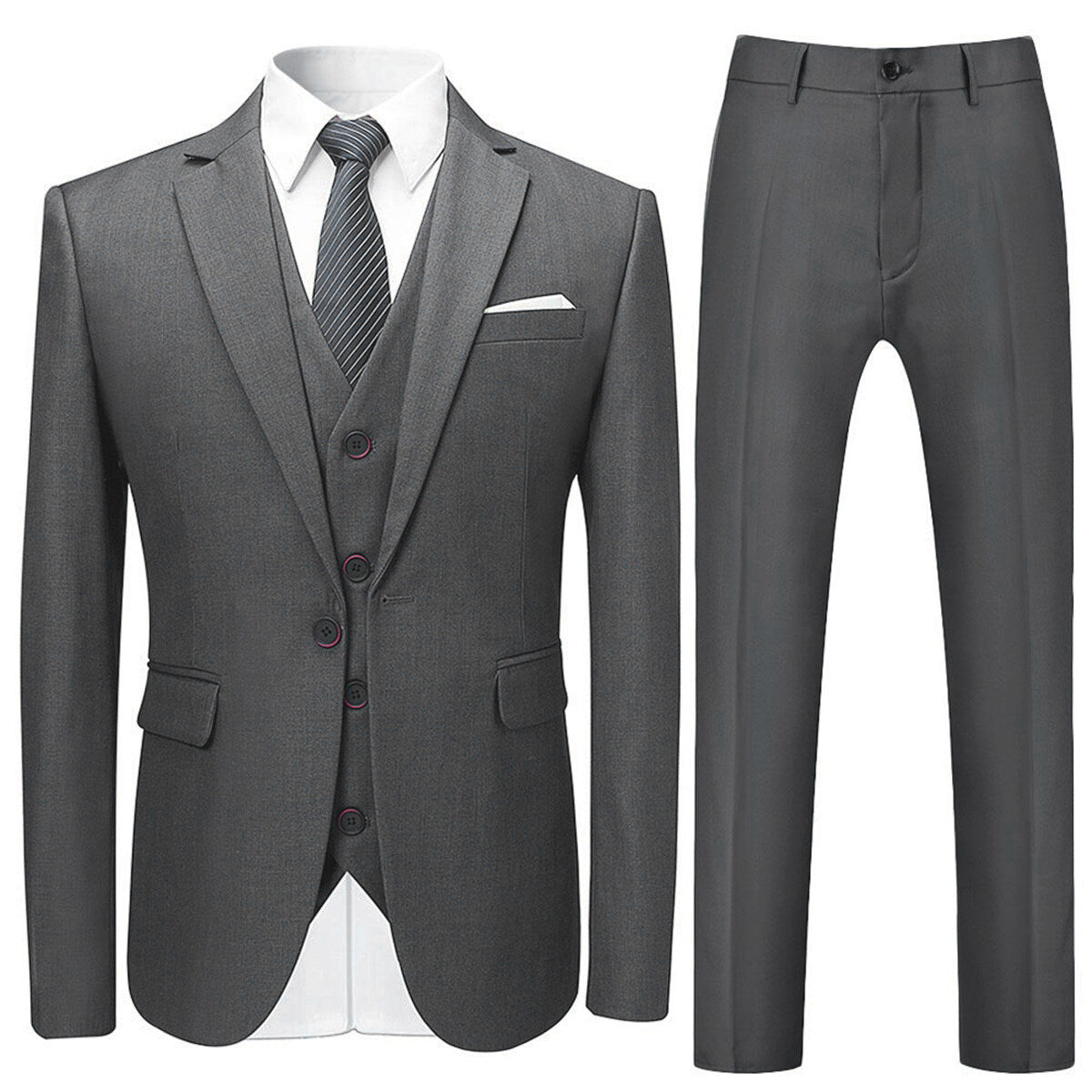 Grey # Men's slim fit 3-piece solid color suit with notched lapel and one-button single-breasted closure, grey formal blazer jacket with padded shoulders, back center vent and four-button cuffs, matching vest with adjustable belt and flat-front trousers with slanted side pockets for wedding, business, prom and formal occasions, isolated on white background.