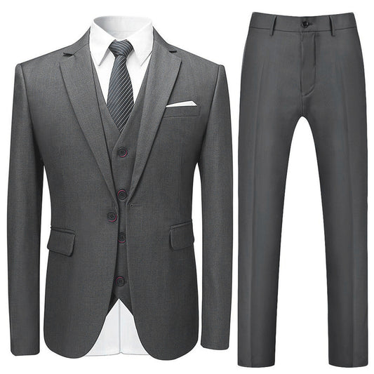 Grey # Men's slim fit 3-piece solid color suit with notched lapel and one-button single-breasted closure, grey formal blazer jacket with padded shoulders, back center vent and four-button cuffs, matching vest with adjustable belt and flat-front trousers with slanted side pockets for wedding, business, prom and formal occasions, isolated on white background.