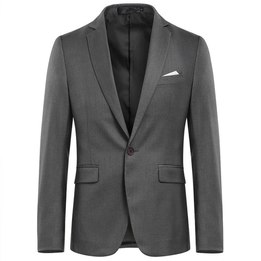 Grey # Men's slim fit 3-piece solid color suit with notched lapel and one-button single-breasted closure, grey formal blazer jacket with padded shoulders, back center vent and four-button cuffs, matching vest with adjustable belt and flat-front trousers with slanted side pockets for wedding, business, prom and formal occasions, isolated on white background.