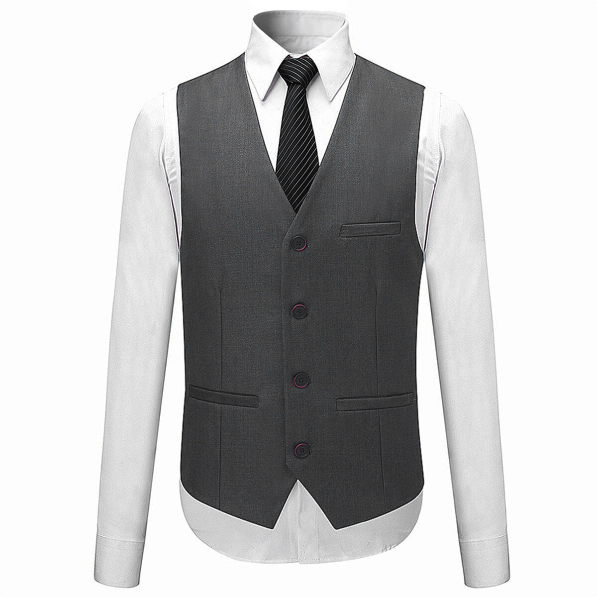 Grey # Men's slim fit 3-piece solid color suit with notched lapel and one-button single-breasted closure, grey formal blazer jacket with padded shoulders, back center vent and four-button cuffs, matching vest with adjustable belt and flat-front trousers with slanted side pockets for wedding, business, prom and formal occasions, isolated on white background.