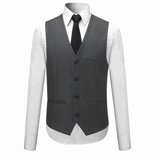 Grey # Men's slim fit 3-piece solid color suit with notched lapel and one-button single-breasted closure, grey formal blazer jacket with padded shoulders, back center vent and four-button cuffs, matching vest with adjustable belt and flat-front trousers with slanted side pockets for wedding, business, prom and formal occasions, isolated on white background.