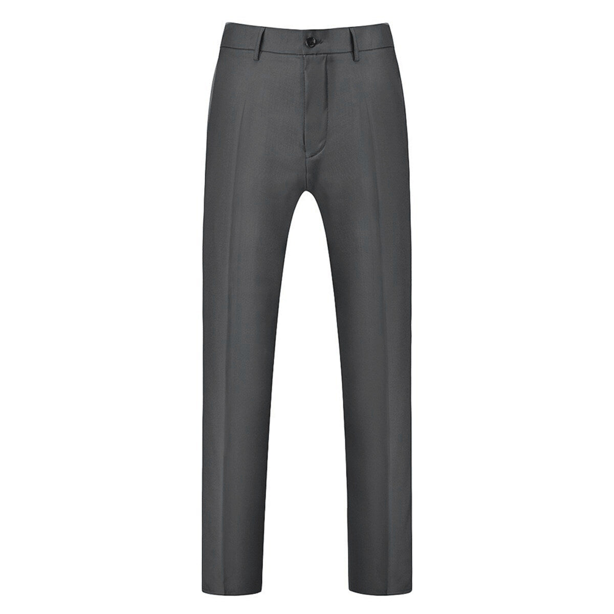 Grey # Men's slim fit 3-piece solid color suit with notched lapel and one-button single-breasted closure, grey formal blazer jacket with padded shoulders, back center vent and four-button cuffs, matching vest with adjustable belt and flat-front trousers with slanted side pockets for wedding, business, prom and formal occasions, isolated on white background.
