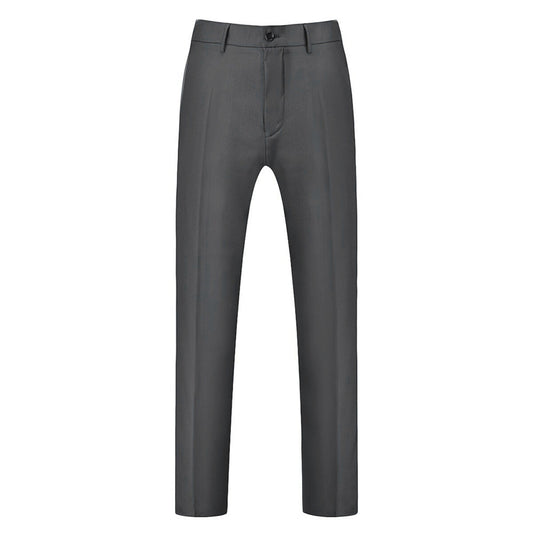 Grey # Men's slim fit 3-piece solid color suit with notched lapel and one-button single-breasted closure, grey formal blazer jacket with padded shoulders, back center vent and four-button cuffs, matching vest with adjustable belt and flat-front trousers with slanted side pockets for wedding, business, prom and formal occasions, isolated on white background.