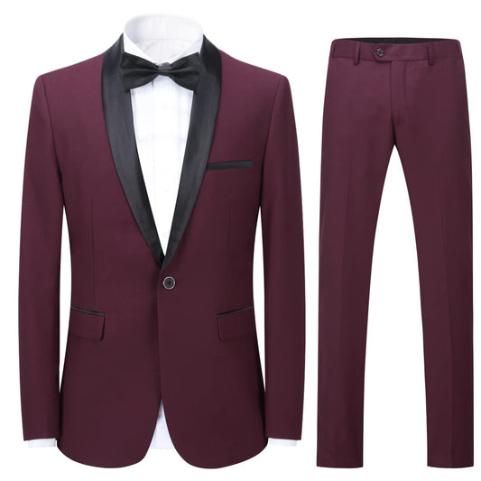 Red # Men's slim fit 2-piece casual suit with one-button closure and single-breasted design, solid red blazer jacket with matching trousers for party, wedding, prom and daily wear, isolated on white background.
