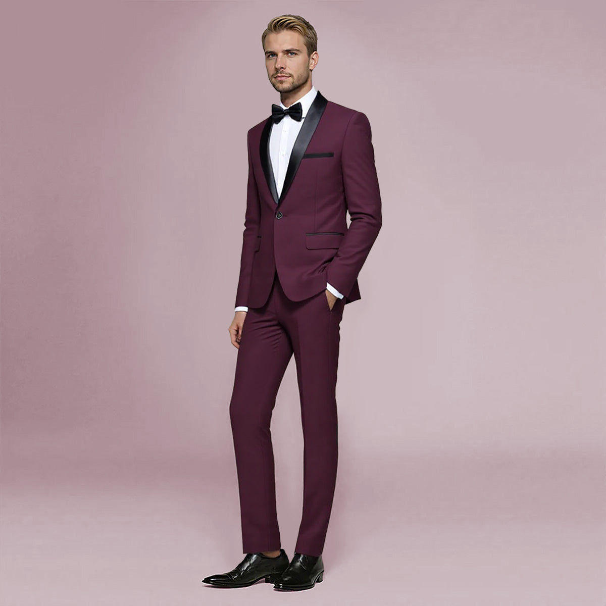 Red # Men's slim fit 2-piece casual suit with one-button closure and single-breasted design, solid red blazer jacket with matching trousers for party, wedding, prom and daily wear, isolated on white background.