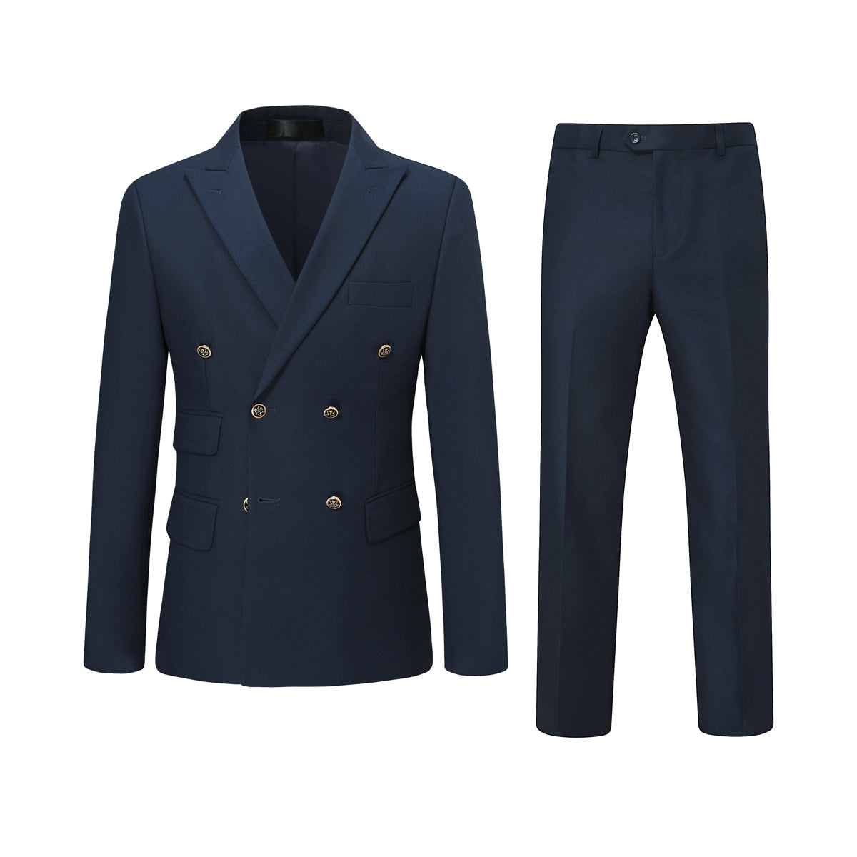 Navy # Men's slim fit double breasted solid color suit jacket and pants, 2-piece formal wear with peaked lapel and button closure, classic navy blue business attire for wedding, office, and interview events, isolated on white background.