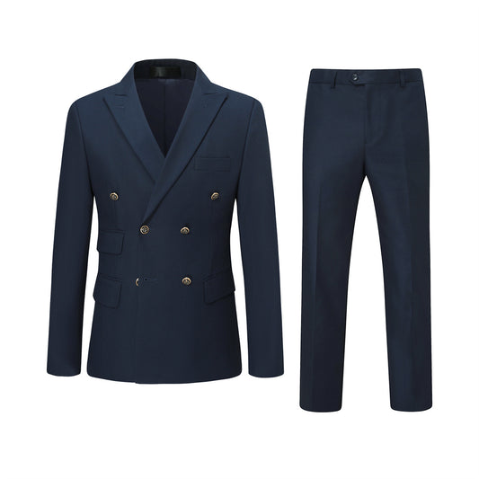 Navy # Men's slim fit double breasted solid color suit jacket and pants, 2-piece formal wear with peaked lapel and button closure, classic navy blue business attire for wedding, office, and interview events, isolated on white background.