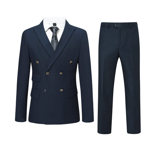 Navy # Men's slim fit double breasted solid color suit jacket and pants, 2-piece formal wear with peaked lapel and button closure, classic navy blue business attire for wedding, office, and interview events, isolated on white background.