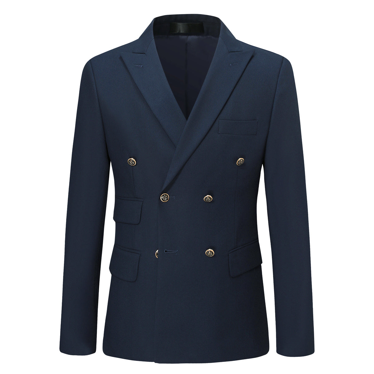 Navy # Men's slim fit double breasted solid color suit jacket and pants, 2-piece formal wear with peaked lapel and button closure, classic navy blue business attire for wedding, office, and interview events, isolated on white background.