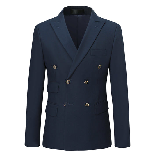 Navy # Men's slim fit double breasted solid color suit jacket and pants, 2-piece formal wear with peaked lapel and button closure, classic navy blue business attire for wedding, office, and interview events, isolated on white background.