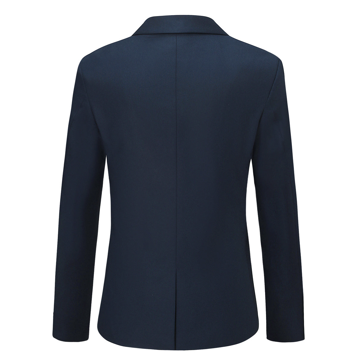 Navy # Men's slim fit double breasted solid color suit jacket and pants, 2-piece formal wear with peaked lapel and button closure, classic navy blue business attire for wedding, office, and interview events, isolated on white background.