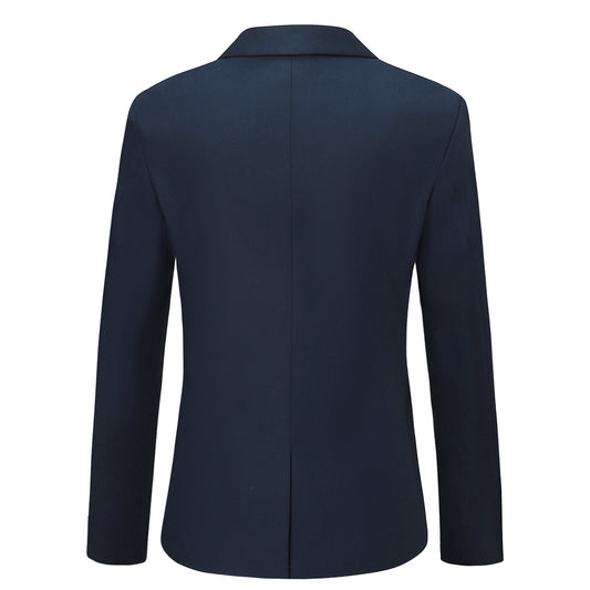 Navy # Men's slim fit double breasted solid color suit jacket and pants, 2-piece formal wear with peaked lapel and button closure, classic navy blue business attire for wedding, office, and interview events, isolated on white background.