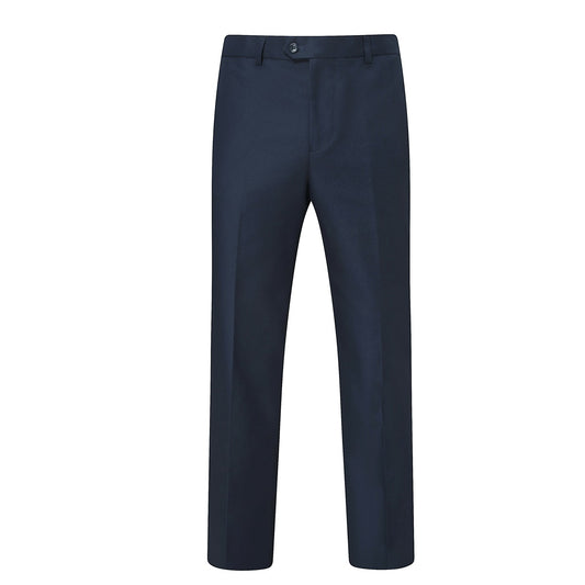 Navy # Men's slim fit double breasted solid color suit jacket and pants, 2-piece formal wear with peaked lapel and button closure, classic navy blue business attire for wedding, office, and interview events, isolated on white background.