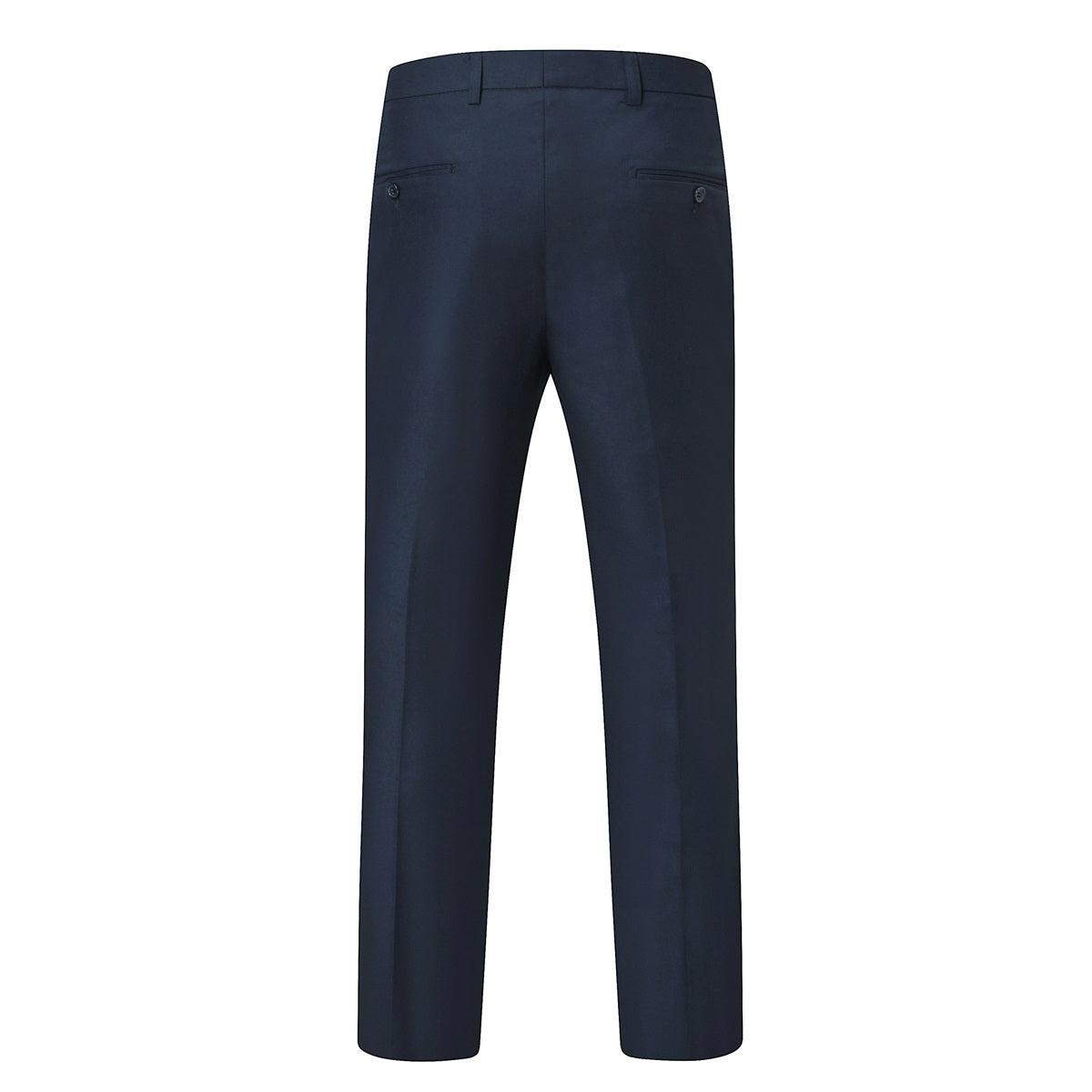 Navy # Men's slim fit double breasted solid color suit jacket and pants, 2-piece formal wear with peaked lapel and button closure, classic navy blue business attire for wedding, office, and interview events, isolated on white background.