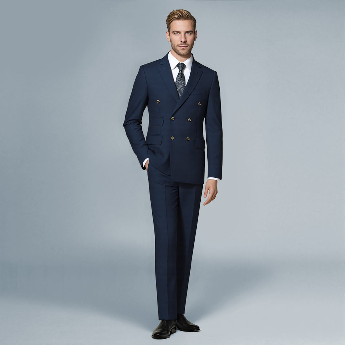Navy # Men's slim fit double breasted solid color suit jacket and pants, 2-piece formal wear with peaked lapel and button closure, classic navy blue business attire for wedding, office, and interview events, isolated on white background.