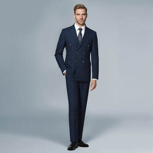 Navy # Men's slim fit double breasted solid color suit jacket and pants, 2-piece formal wear with peaked lapel and button closure, classic navy blue business attire for wedding, office, and interview events, isolated on white background.
