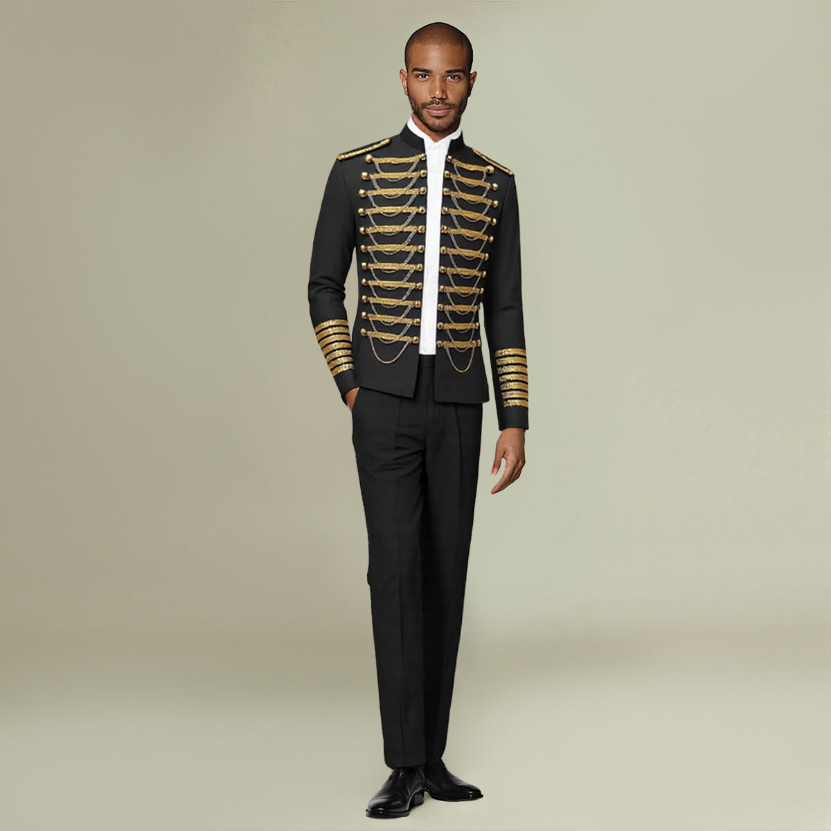 Black # Men's 2-piece luxury suit with stand collar, sequin shoulder decoration and golden chain front detail, slim fit black blazer jacket with matching trousers for party, wedding, stage performance and formal events, isolated on white background.
