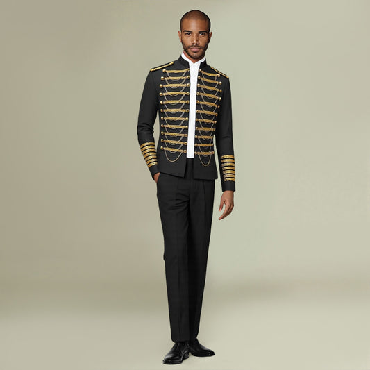 Black # Men's 2-piece luxury suit with stand collar, sequin shoulder decoration and golden chain front detail, slim fit black blazer jacket with matching trousers for party, wedding, stage performance and formal events, isolated on white background.