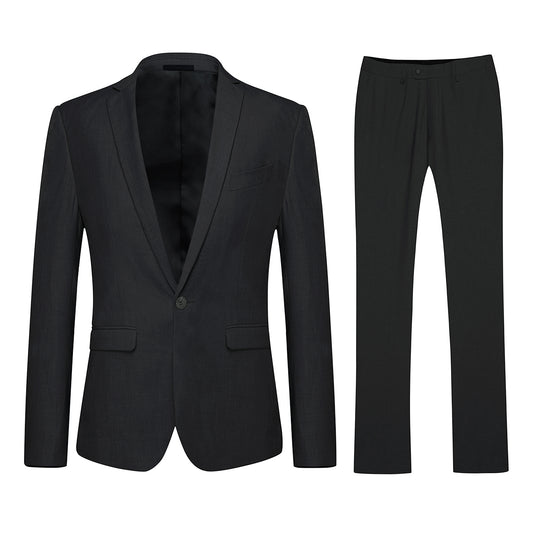 Black # Men's slim fit 2-piece suit with one-button closure and classic modern design, black formal blazer jacket with matching flat-front trousers, premium polyester viscose blend suit for business, wedding, office and daily wear, isolated on white background.