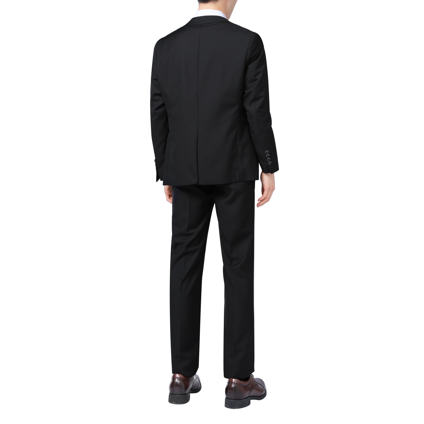 Black # Men's slim fit 2-piece suit with one-button closure and classic modern design, black formal blazer jacket with matching flat-front trousers, premium polyester viscose blend suit for business, wedding, office and daily wear, isolated on white background.
