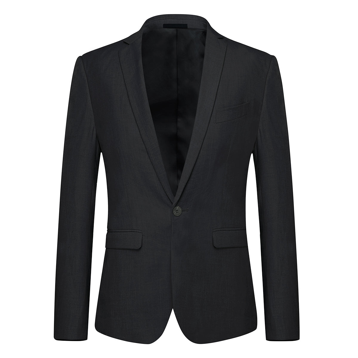 Black # Men's slim fit 2-piece suit with one-button closure and classic modern design, black formal blazer jacket with matching flat-front trousers, premium polyester viscose blend suit for business, wedding, office and daily wear, isolated on white background.