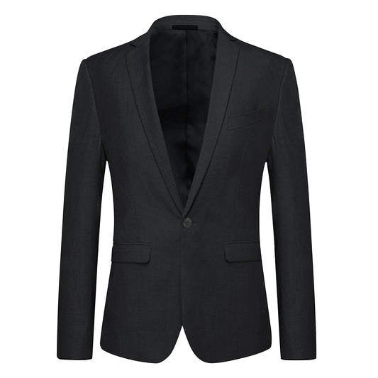 Black # Men's slim fit 2-piece suit with one-button closure and classic modern design, black formal blazer jacket with matching flat-front trousers, premium polyester viscose blend suit for business, wedding, office and daily wear, isolated on white background.