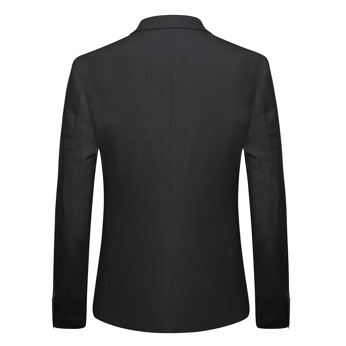 Black # Men's slim fit 2-piece suit with one-button closure and classic modern design, black formal blazer jacket with matching flat-front trousers, premium polyester viscose blend suit for business, wedding, office and daily wear, isolated on white background.