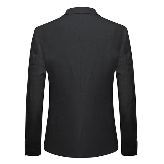 Black # Men's slim fit 2-piece suit with one-button closure and classic modern design, black formal blazer jacket with matching flat-front trousers, premium polyester viscose blend suit for business, wedding, office and daily wear, isolated on white background.