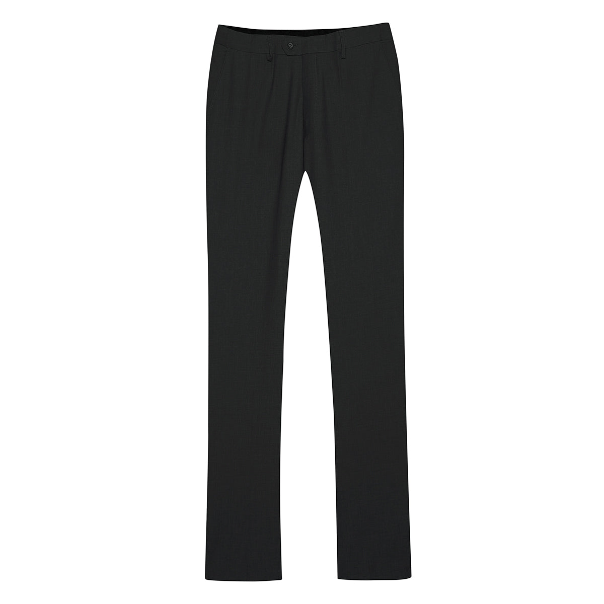 Black # Men's slim fit 2-piece suit with one-button closure and classic modern design, black formal blazer jacket with matching flat-front trousers, premium polyester viscose blend suit for business, wedding, office and daily wear, isolated on white background.