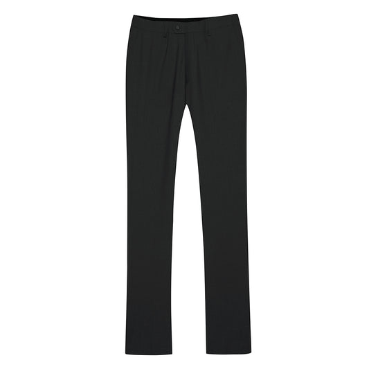 Black # Men's slim fit 2-piece suit with one-button closure and classic modern design, black formal blazer jacket with matching flat-front trousers, premium polyester viscose blend suit for business, wedding, office and daily wear, isolated on white background.