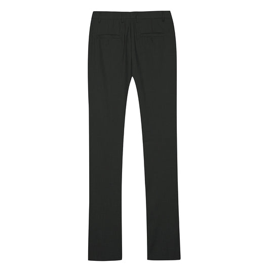 Black # Men's slim fit 2-piece suit with one-button closure and classic modern design, black formal blazer jacket with matching flat-front trousers, premium polyester viscose blend suit for business, wedding, office and daily wear, isolated on white background.