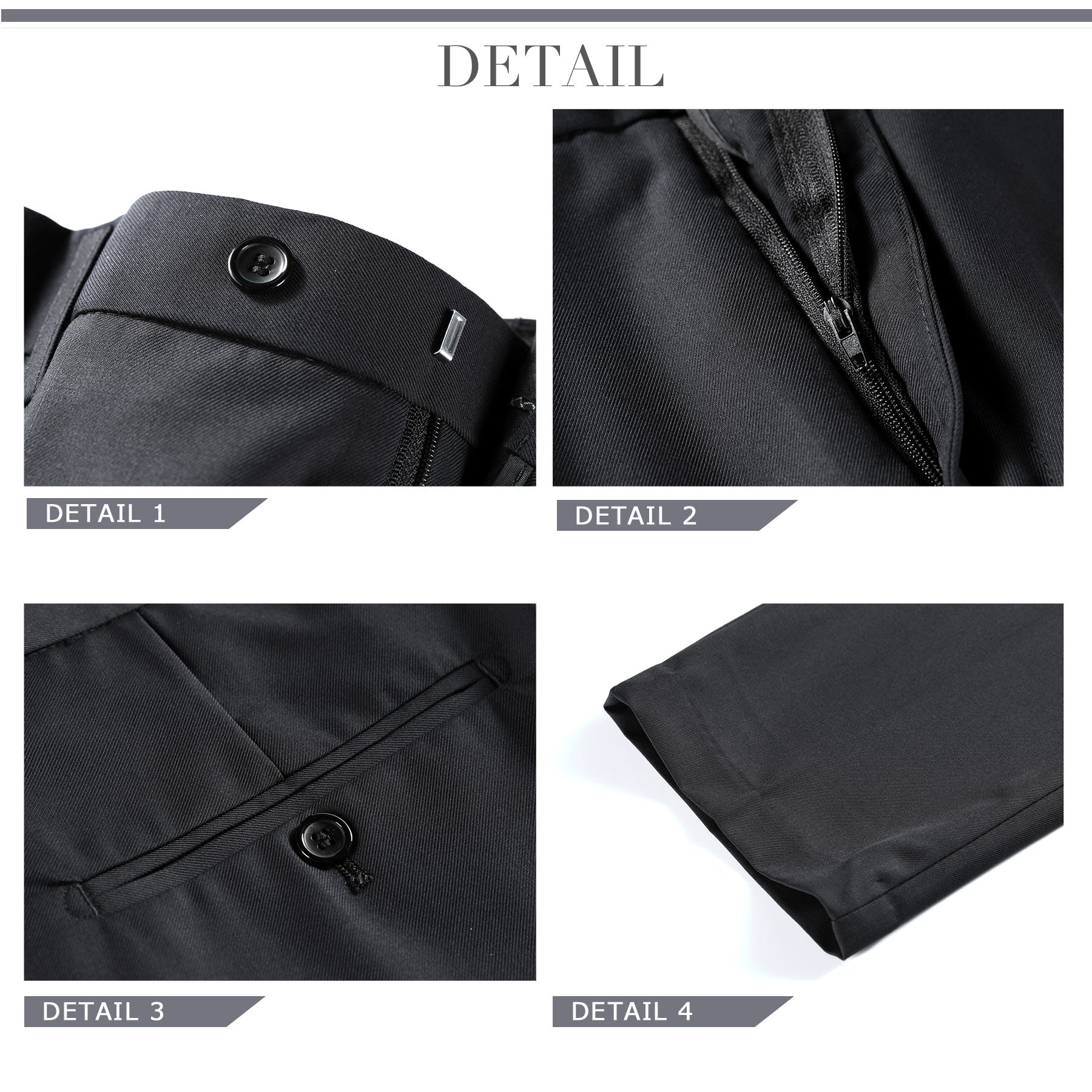 Black # Men's slim fit 2-piece suit with one-button closure and classic modern design, black formal blazer jacket with matching flat-front trousers, premium polyester viscose blend suit for business, wedding, office and daily wear, isolated on white background.