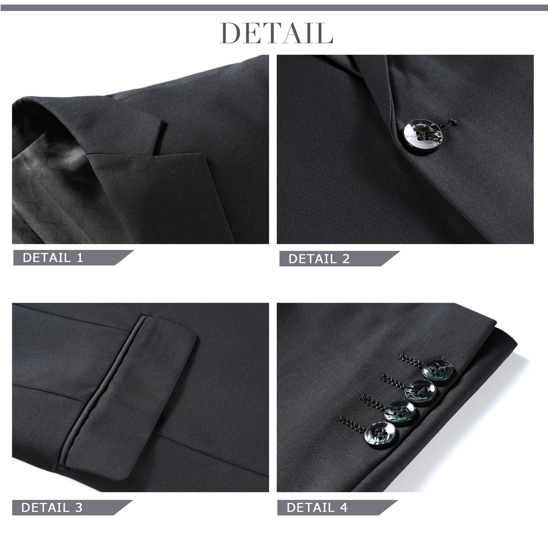 Black # Men's slim fit 2-piece suit with one-button closure and classic modern design, black formal blazer jacket with matching flat-front trousers, premium polyester viscose blend suit for business, wedding, office and daily wear, isolated on white background.