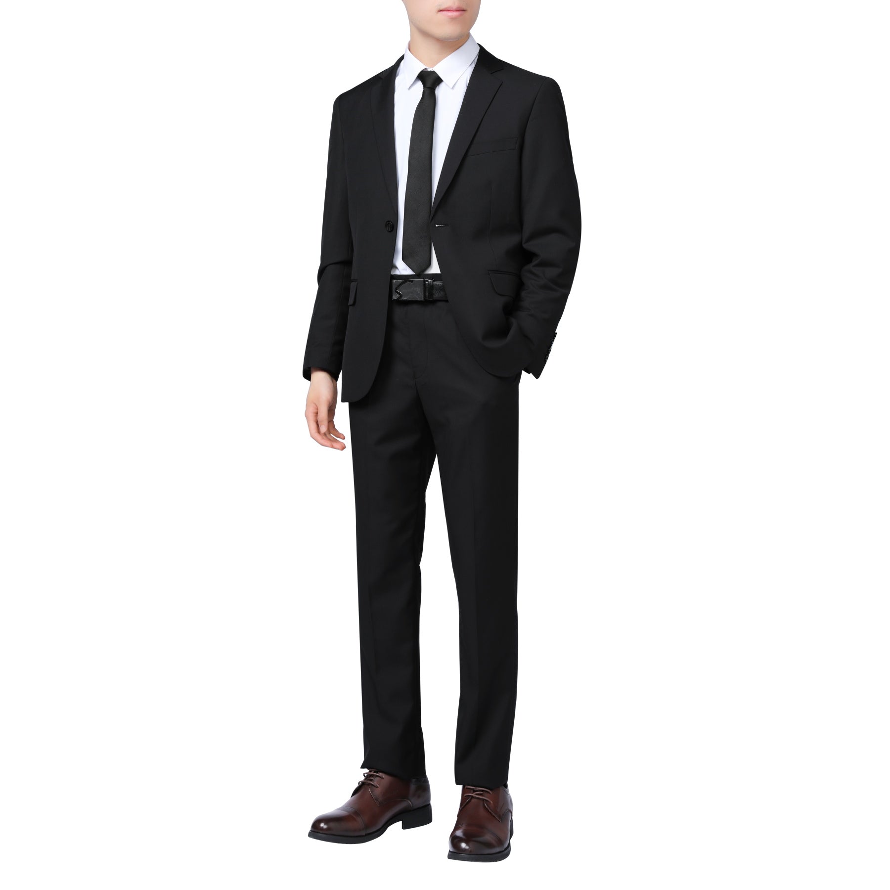 Black # Men's slim fit 2-piece suit with one-button closure and classic modern design, black formal blazer jacket with matching flat-front trousers, premium polyester viscose blend suit for business, wedding, office and daily wear, isolated on white background.