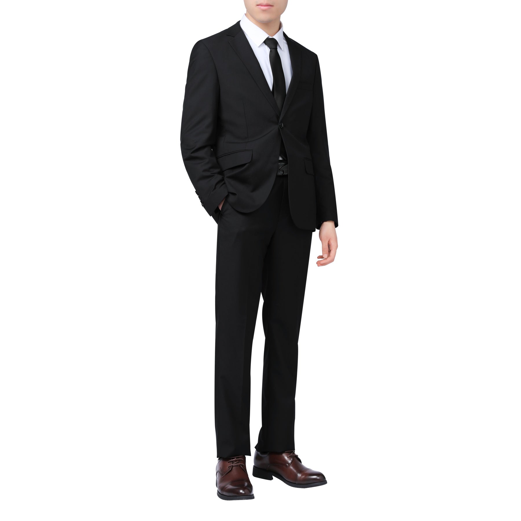 Black # Men's slim fit 2-piece suit with one-button closure and classic modern design, black formal blazer jacket with matching flat-front trousers, premium polyester viscose blend suit for business, wedding, office and daily wear, isolated on white background.