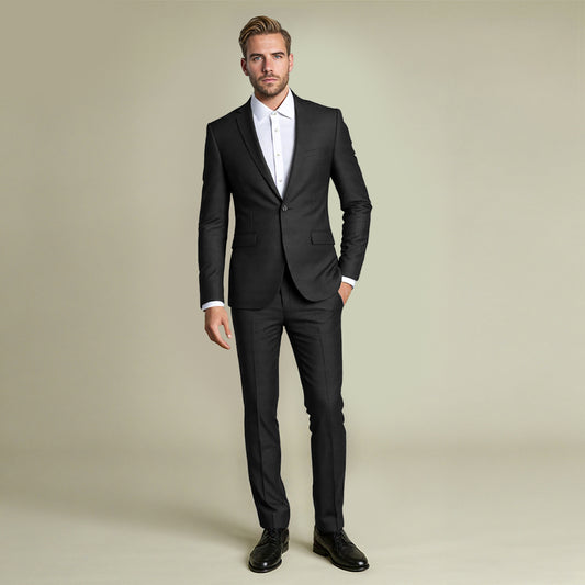 Black # Men's slim fit 2-piece suit with one-button closure and classic modern design, black formal blazer jacket with matching flat-front trousers, premium polyester viscose blend suit for business, wedding, office and daily wear, isolated on white background.
