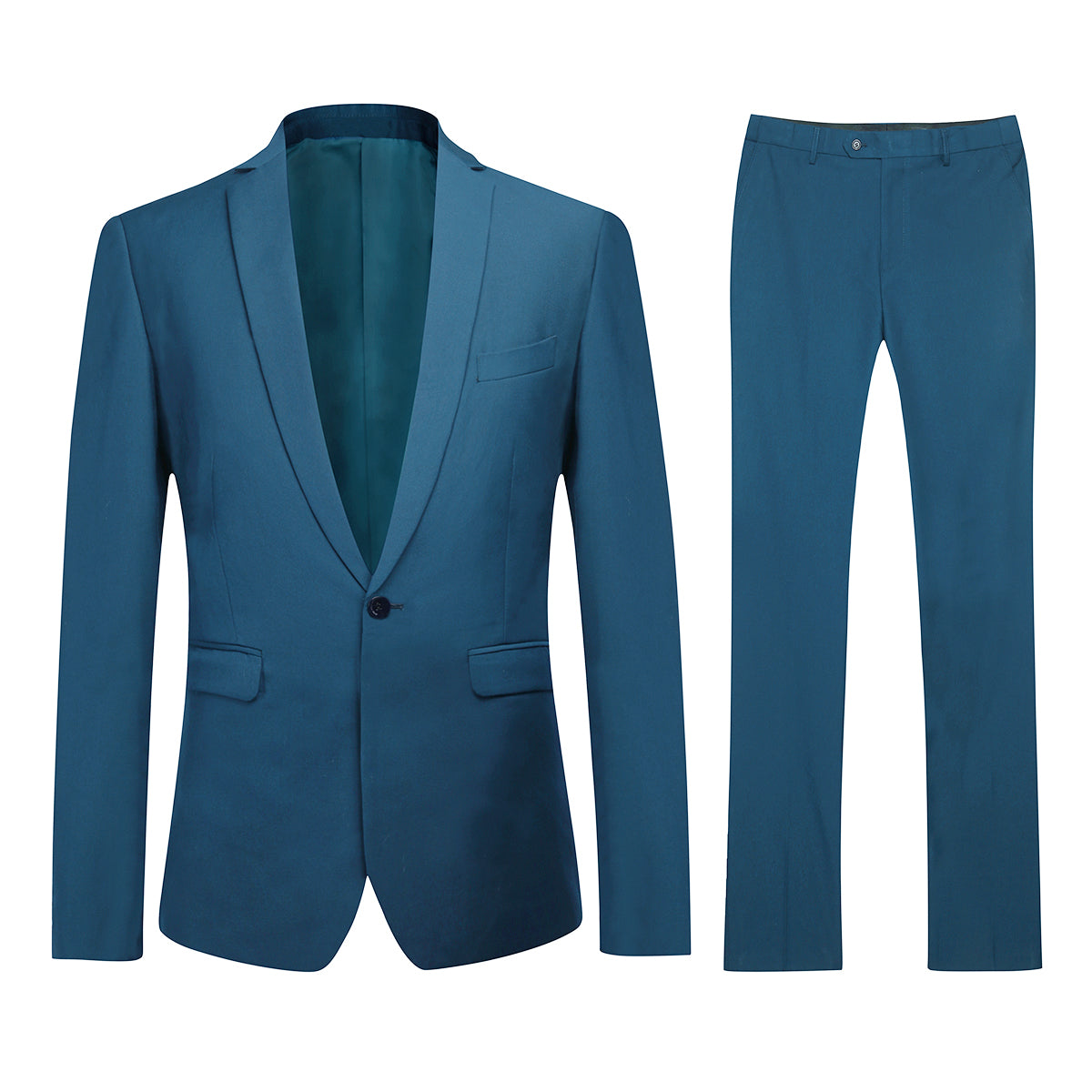 Blue # Men's slim fit 2-piece suit with one-button closure and classic modern design, blue formal blazer jacket with matching flat-front trousers, premium polyester viscose blend suit for business, wedding, office and daily wear, isolated on white background.