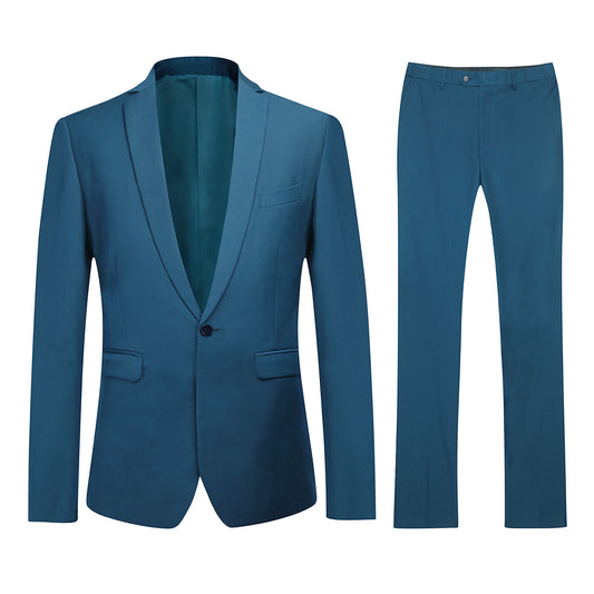 Blue # Men's slim fit 2-piece suit with one-button closure and classic modern design, blue formal blazer jacket with matching flat-front trousers, premium polyester viscose blend suit for business, wedding, office and daily wear, isolated on white background.