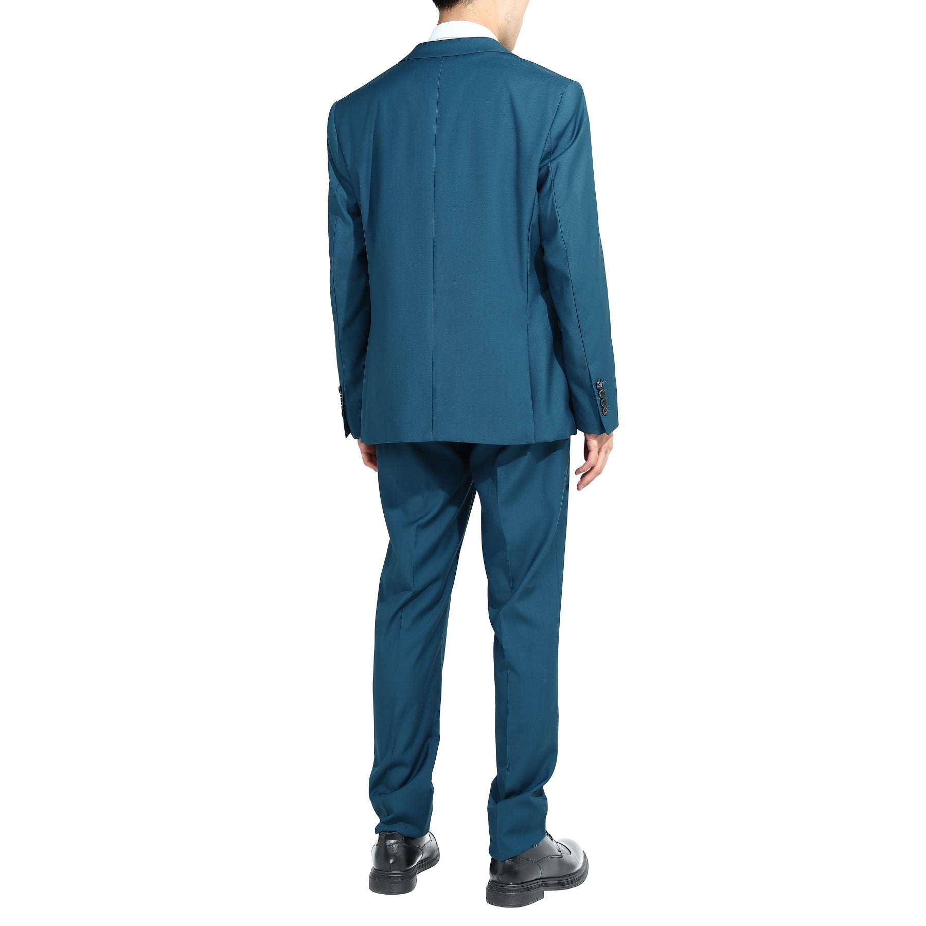 Blue # Men's slim fit 2-piece suit with one-button closure and classic modern design, blue formal blazer jacket with matching flat-front trousers, premium polyester viscose blend suit for business, wedding, office and daily wear, isolated on white background.