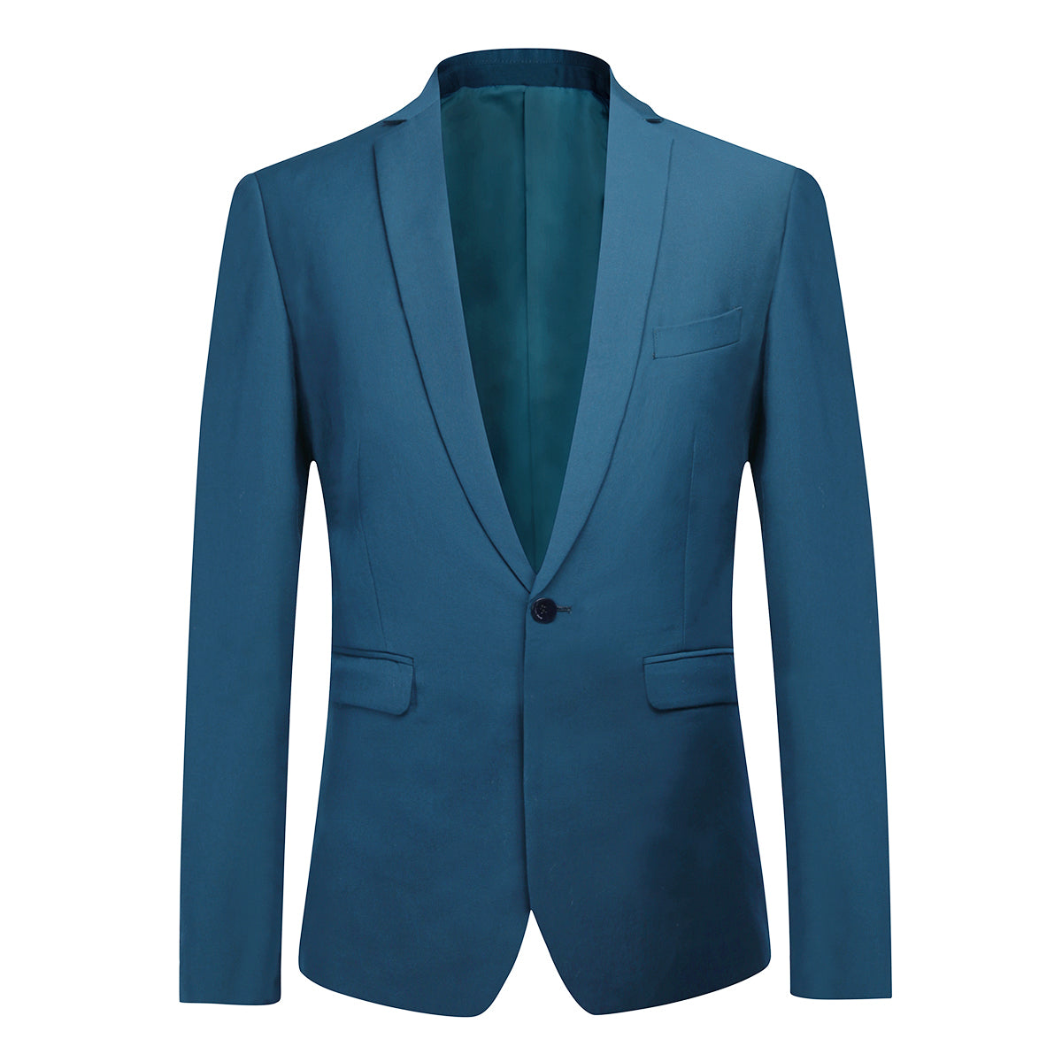 Blue # Men's slim fit 2-piece suit with one-button closure and classic modern design, blue formal blazer jacket with matching flat-front trousers, premium polyester viscose blend suit for business, wedding, office and daily wear, isolated on white background.