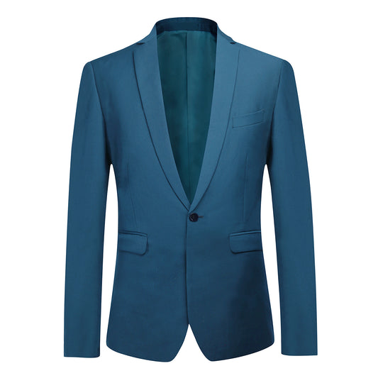 Blue # Men's slim fit 2-piece suit with one-button closure and classic modern design, blue formal blazer jacket with matching flat-front trousers, premium polyester viscose blend suit for business, wedding, office and daily wear, isolated on white background.