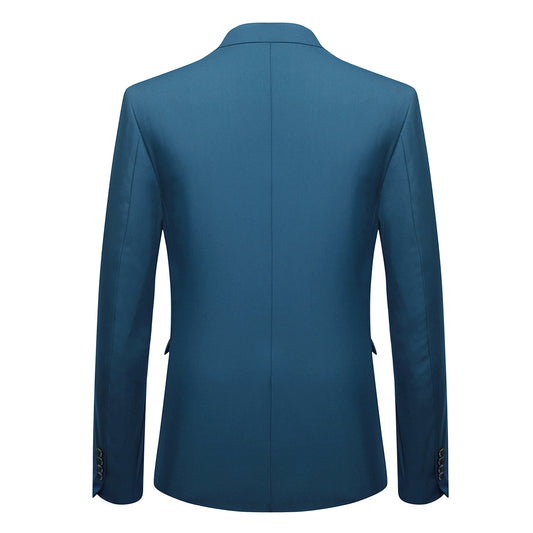 Blue # Men's slim fit 2-piece suit with one-button closure and classic modern design, blue formal blazer jacket with matching flat-front trousers, premium polyester viscose blend suit for business, wedding, office and daily wear, isolated on white background.