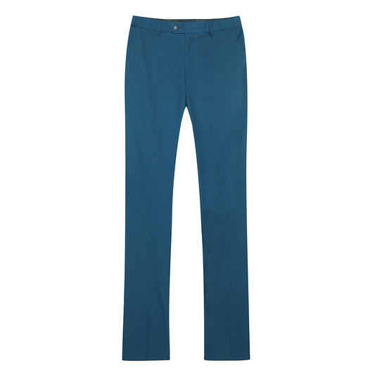 Blue # Men's slim fit 2-piece suit with one-button closure and classic modern design, blue formal blazer jacket with matching flat-front trousers, premium polyester viscose blend suit for business, wedding, office and daily wear, isolated on white background.