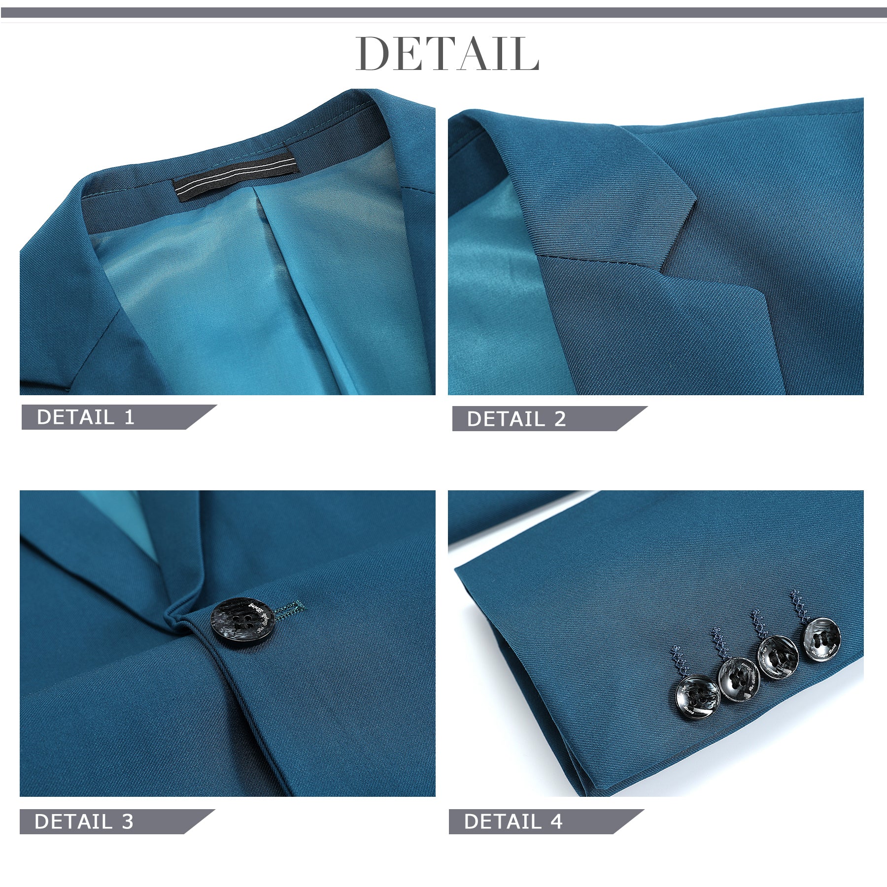 Blue # Men's slim fit 2-piece suit with one-button closure and classic modern design, blue formal blazer jacket with matching flat-front trousers, premium polyester viscose blend suit for business, wedding, office and daily wear, isolated on white background.