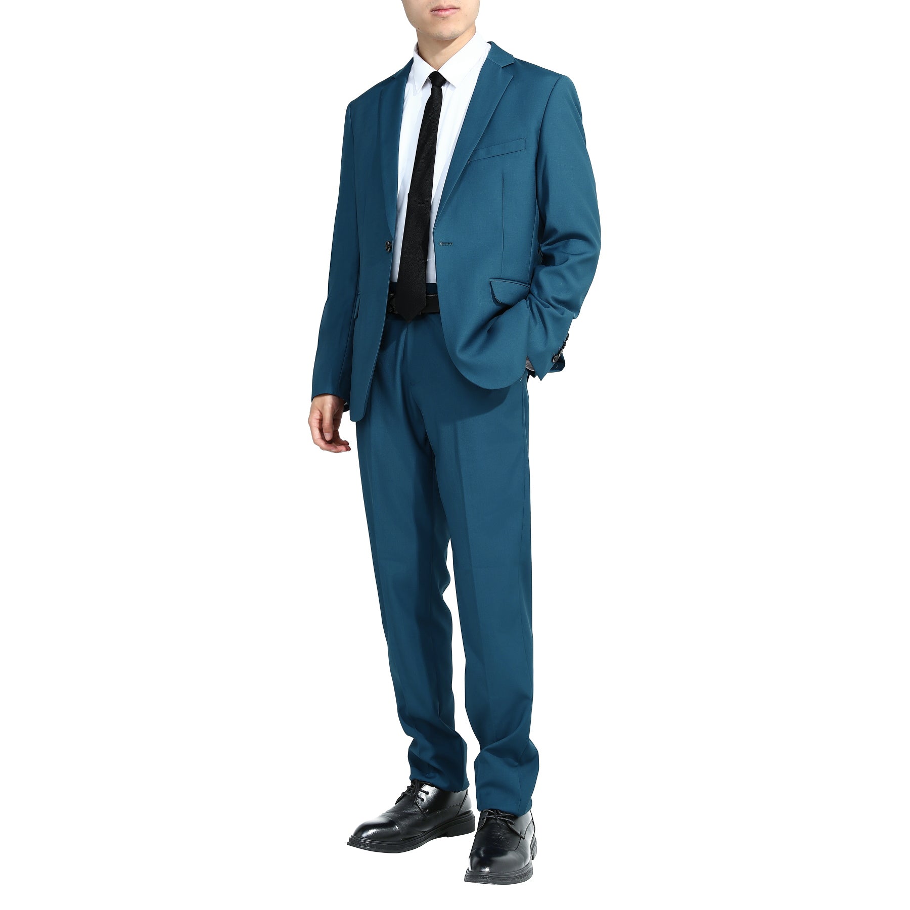 Blue # Men's slim fit 2-piece suit with one-button closure and classic modern design, blue formal blazer jacket with matching flat-front trousers, premium polyester viscose blend suit for business, wedding, office and daily wear, isolated on white background.
